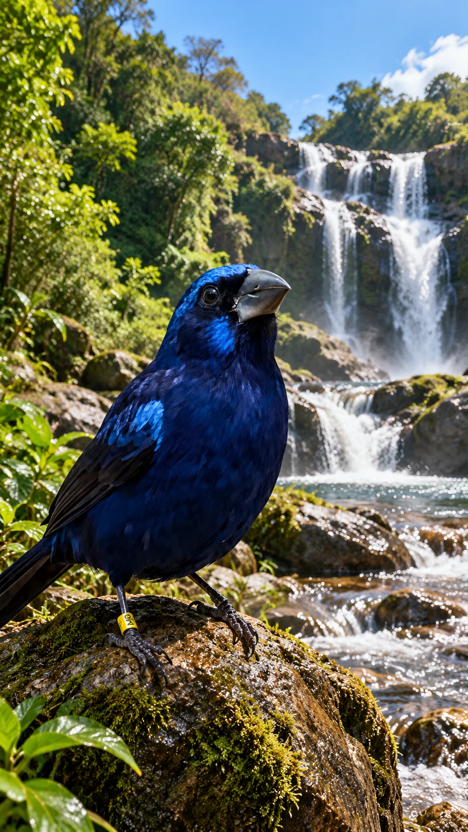 Azulão em cenário natural com cachoeira
